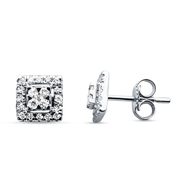 Diamond Stud Earrings Square Shaped Cluster 14K White Gold 0.27ct Wholesale